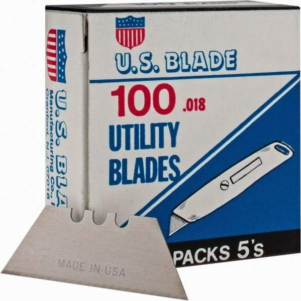 U.S. Blade - 100 Piece Steel Utility Knife Blade - 2" OAL, 0.017" Blade Thickness - Caliber Tooling