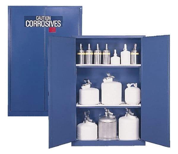 Eagle - 2 Door, 2 Shelf, Blue Steel Standard Safety Cabinet for Corrosive Chemicals - 65" High x 43" Wide x 18" Deep, Manual Closing Door, 3 Point Key Lock, 45 Gal Capacity - Caliber Tooling