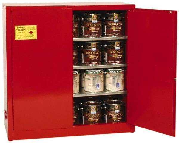 Eagle - 2 Door, 3 Shelf, Red Steel Standard Safety Cabinet for Flammable and Combustible Liquids - 44" High x 43" Wide x 18" Deep, Manual Closing Door, 3 Point Key Lock, 40 Gal Capacity - Caliber Tooling