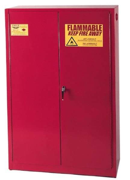 Eagle - 2 Door, 5 Shelf, Red Steel Standard Safety Cabinet for Flammable and Combustible Liquids - 65" High x 43" Wide x 18" Deep, Manual Closing Door, 3 Point Key Lock, 60 Gal Capacity - Caliber Tooling