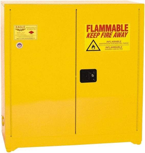 Eagle - 2 Door, 3 Shelf, Yellow Steel Standard Safety Cabinet for Flammable and Combustible Liquids - 44" High x 43" Wide x 18" Deep, Manual Closing Door, 3 Point Key Lock, 40 Gal Capacity - Caliber Tooling