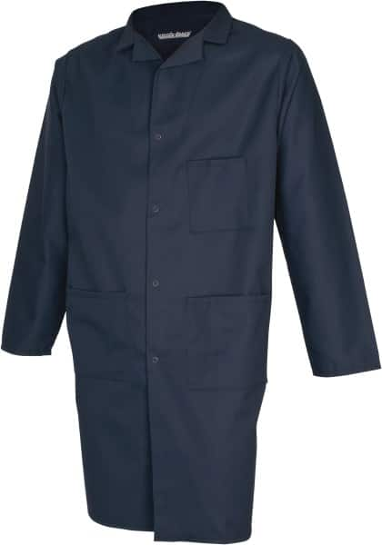 PRO-SAFE - Size L Navy Blue Lab Coat - Polyester and Cotton, Snap Front, Open Wrists, (2 Pass Through Pockets and Front Chest and Hip Pocket) - Caliber Tooling