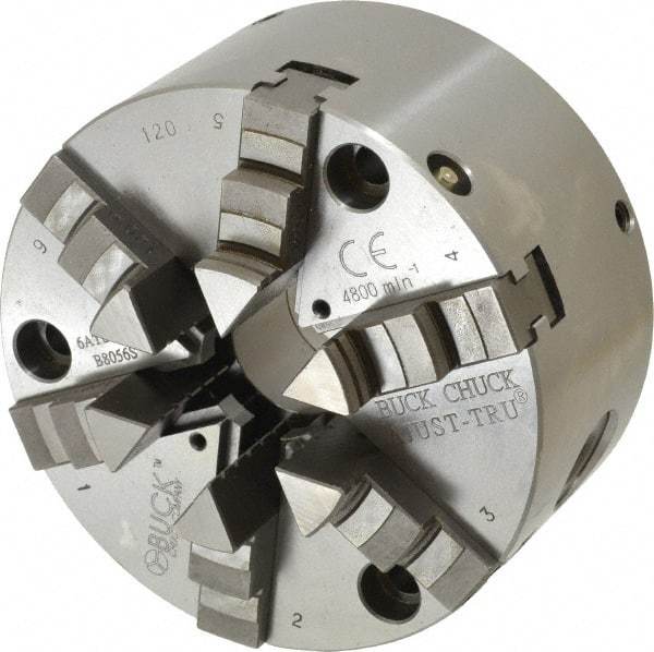 Buck Chuck Company - 6 Jaws, 5" Diam, Self Centering Manual Lathe Chuck - Front Mount, Adjustable, 4,125 Max RPM, 1.28" Through Hole Diam, Forged Steel - Caliber Tooling