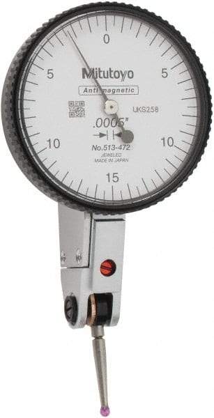 Mitutoyo - 0.03 Inch Range, 0.0005 Inch Dial Graduation, Horizontal Dial Test Indicator - 1.54 Inch White Dial, 0-15-0 Dial Reading, Accurate to 0.0005 Inch - Caliber Tooling