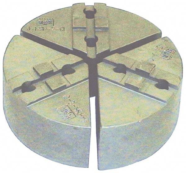 H & R Manufacturing - 8" Chuck Capacity, Tongue & Groove Attachment, Round Soft Lathe Chuck Jaw - 3 Jaws, Cast Iron, 1-3/4" Btw Mount Hole Ctrs, 4" Long x 8" Wide x 2" High, 5/16" Groove - Caliber Tooling