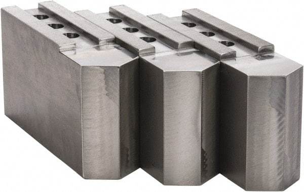 H & R Manufacturing - 16 to 20" Chuck Capacity, 3/32 x 90° Serrated Attachment, Square Soft Lathe Chuck Jaw - 3 Jaws, Steel, 1-9/16" Btw Mount Hole Ctrs, 9" Long x 2-1/2" Wide x 5" High, 1" Groove - Caliber Tooling