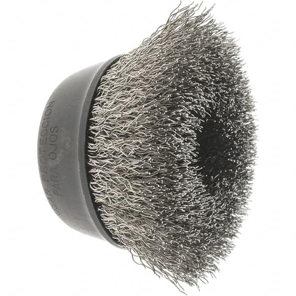 Osborn - 2-3/4" Diam, 5/8-11 Threaded Arbor, Stainless Steel Fill Cup Brush - 0.014 Wire Diam, 1" Trim Length, 14,000 Max RPM - Caliber Tooling