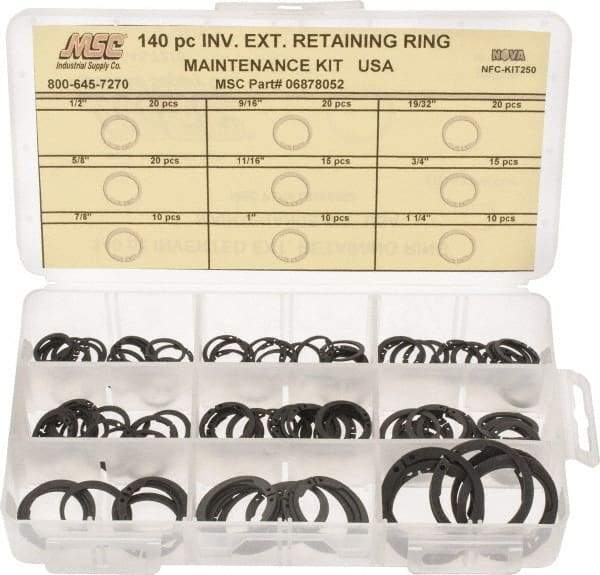 Made in USA - 140 Piece, 1/2 to 1-1/4", SpRing Assortment Steel, Snap External Retaining Ring Assortment - Includes Compartmented Case - Caliber Tooling