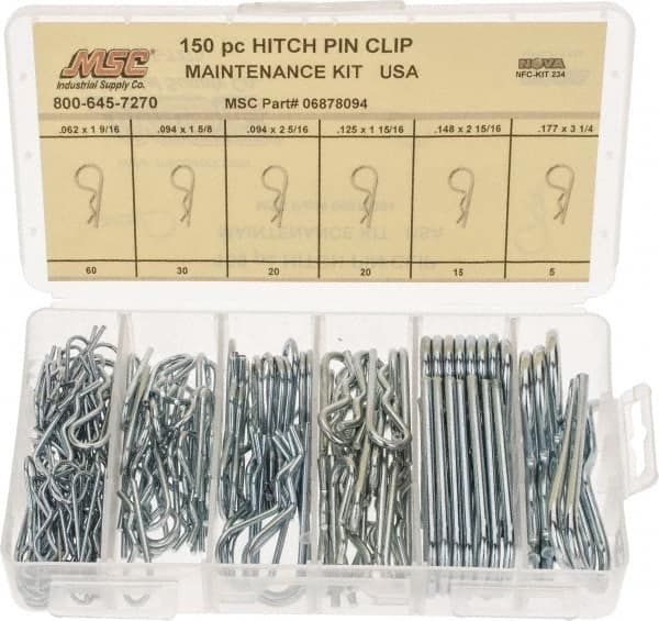 Value Collection - 150 Piece, 1/16 to 3/16" Pin Diam, Hitch Pin Assortment - 1-9/16 to 3-1/4" Long, Spring Steel - Caliber Tooling