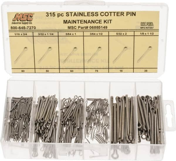 Value Collection - 315 Piece, 1/16 to 1/8" Pin Diam, Cotter Pin Assortment - 3/64 to 5/32" Long, Stainless Steel - Caliber Tooling