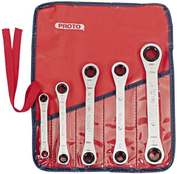 Proto - 5 Piece, 7mm to 17mm, 6, 12 Point Ratcheting Box Wrench Set - Metric Measurement Standard, Chrome Finish, Comes in Pouch - Caliber Tooling