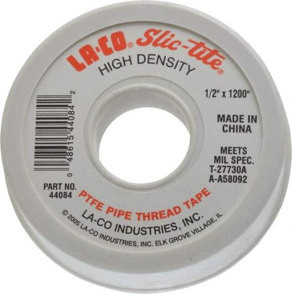 LA-CO - 1/2" Wide x 1,200" Long General Purpose Pipe Repair Tape - 3 mil Thick, -450 to 550°F, White - Caliber Tooling