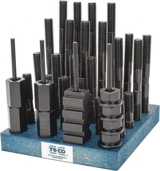 TE-CO - 38 Piece, 5/8-11 Stud, 3/4" T Slot, T Nut & Stud Kit - 1-1/4" T-Slot Nut Width, 3, 4, 5, 6, 7, 8" Stud Lengths - Caliber Tooling