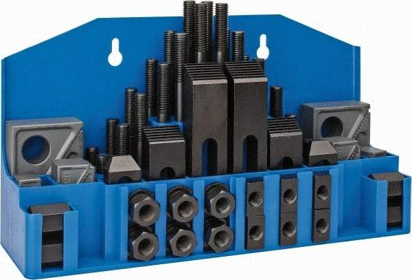 TE-CO - 52 Piece Fixturing Step Block & Clamp Set with 1" Step Block, 5/8" T-Slot, 1/2-13 Stud Thread - 1" Nut Width, 3, 4, 5, 6, 7 & 8" Stud Lengths - Caliber Tooling