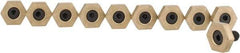 Mitee-Bite - 5/8" Brass Hex, 1/4-20 Stud Thread, Symmetrical Hex Clamp - 3/16" Hex Height, 800 Lb Holding Force, Hardened Steel Stud, 15/32" Long Thread, 6.2 Ft/Lb Torque, 10 Clamps - Caliber Tooling