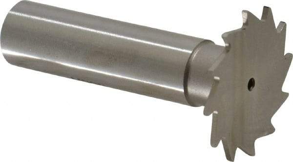 Made in USA - 1-1/8" Diam x 3/64" Face Width, High Speed Steel, 16 Teeth, Shank Connection Woodruff Keyseat Cutter - Uncoated, 2-3/16" OAL x 1/2" Shank, Straight Teeth - Caliber Tooling