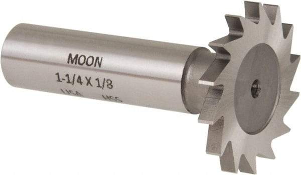 Made in USA - 1-1/4" Diam x 1/8" Face Width, High Speed Steel, 18 Teeth, Shank Connection Woodruff Keyseat Cutter - Uncoated, 2-3/16" OAL x 1/2" Shank, Straight Teeth - Caliber Tooling