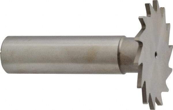 Made in USA - 1-3/8" Diam x 1/16" Face Width, High Speed Steel, 18 Teeth, Shank Connection Woodruff Keyseat Cutter - Uncoated, 2-1/4" OAL x 1/2" Shank, Straight Teeth - Caliber Tooling