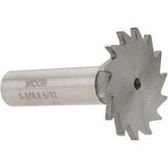 Made in USA - 1-3/8" Diam x 3/32" Face Width, High Speed Steel, 18 Teeth, Shank Connection Woodruff Keyseat Cutter - Uncoated, 2-1/4" OAL x 1/2" Shank, Straight Teeth - Caliber Tooling