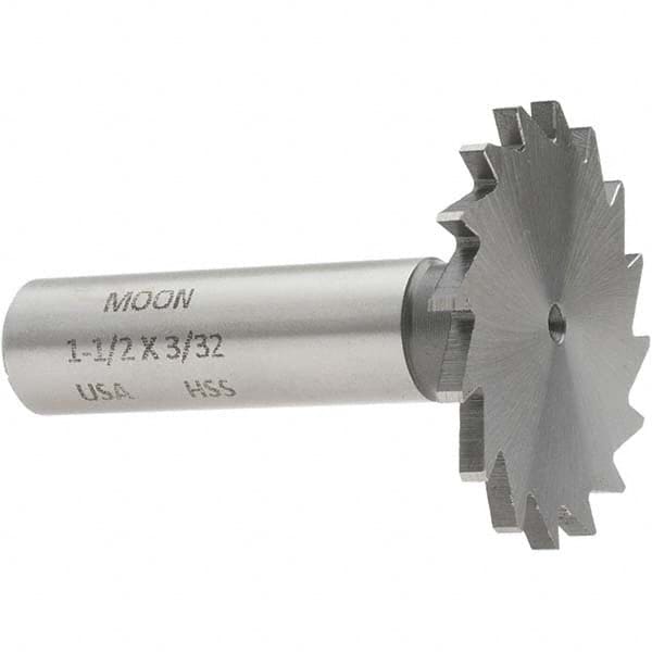 Made in USA - 1-1/2" Diam x 3/32" Face Width, High Speed Steel, 20 Teeth, Shank Connection Woodruff Keyseat Cutter - Uncoated, 2-1/4" OAL x 1/2" Shank, Straight Teeth - Caliber Tooling