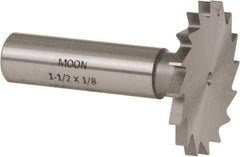 Made in USA - 1-1/2" Diam x 1/8" Face Width, High Speed Steel, 16 Teeth, Shank Connection Woodruff Keyseat Cutter - Uncoated, 2-1/8" OAL x 1/2" Shank, Straight Teeth - Caliber Tooling