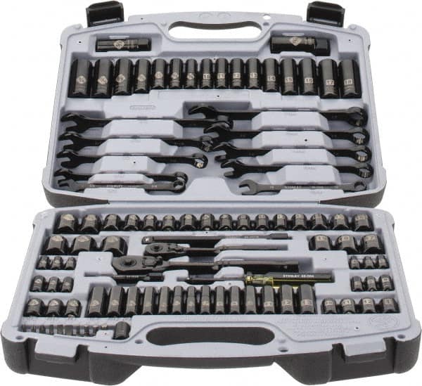 Stanley - 99 Piece 1/4 & 3/8" Drive Standard Deep Socket Set - 6 Points, 1/4 to 7/8", 4 to 19mm, Inch/Metric Measurement Standard - Caliber Tooling