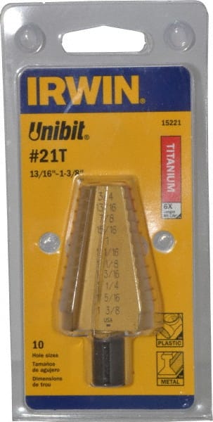 Irwin - 10 Hole Sizes, 13/16 to 1-3/8" Hole Diam High Speed Steel Standard Point Step Drill Bit - Caliber Tooling