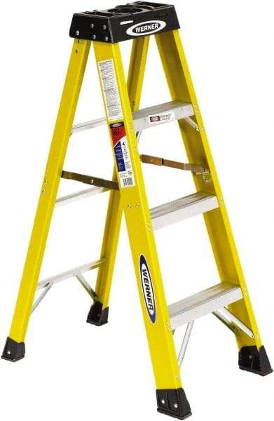 Werner - 3 Steps, 4' High, Type IA Rating, Fiberglass Step Ladder - 300 Lb Load Capacity, 19" Base Width - Caliber Tooling