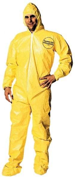 Dupont - Size 4XL PE Film Chemical Resistant Coveralls - Yellow, Zipper Closure, Elastic Cuffs, Open Ankles, Serged Seams - Caliber Tooling