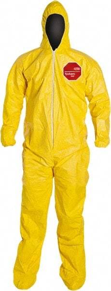 Dupont - Size L PE Film Chemical Resistant Coveralls - Yellow, Zipper Closure, Elastic Cuffs, Open Ankles, Serged Seams - Caliber Tooling