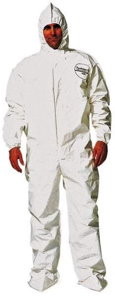 Dupont - Size 4XL Saranex Chemical Resistant Coveralls - White, Zipper Closure, Elastic Cuffs, Open Ankles, Bound Seams - Caliber Tooling