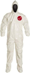 Dupont - Size L Saranex Chemical Resistant Coveralls - White, Zipper Closure, Elastic Cuffs, Open Ankles, Bound Seams - Caliber Tooling