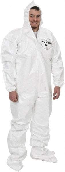 Dupont - Size 2XL Saranex Chemical Resistant Coveralls - White, Zipper Closure, Elastic Cuffs, Open Ankles, Bound Seams - Caliber Tooling