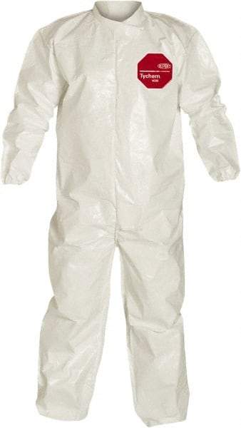 Dupont - Size L Saranex Chemical Resistant Coveralls - White, Zipper Closure, Elastic Cuffs, Elastic Ankles, Bound Seams - Caliber Tooling