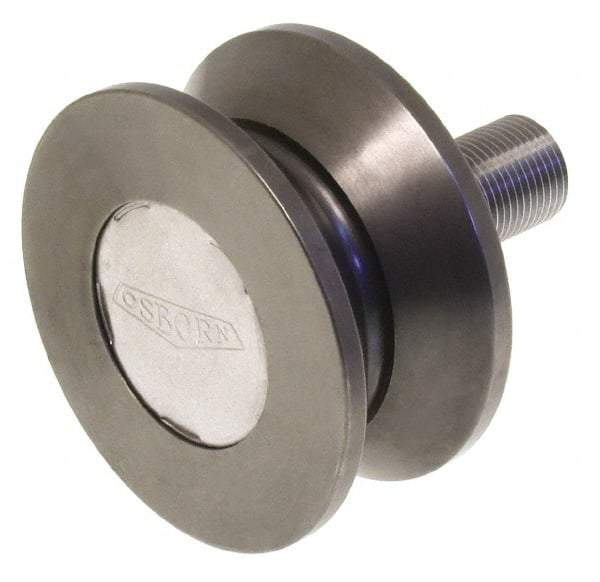 Osborn International - 4-1/2" Roller Diam x 2" Width, 1-1/4" Stud Diam x 2-1/2" Length, V Grooved Concentric Stud - Steel, 1-3/4" Thread Length, 1-1/4-12 Thread, 4-1/2" OAL, 13,700 Lb Dynamic Cap - Caliber Tooling