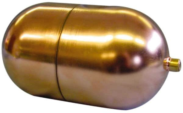 Made in USA - 4" Diam x 7" Long, Oblong, Tubed Through Connection, Metal Float - 1/4" Rod Thread, Copper, 25 Max psi, 23 Gauge - Caliber Tooling