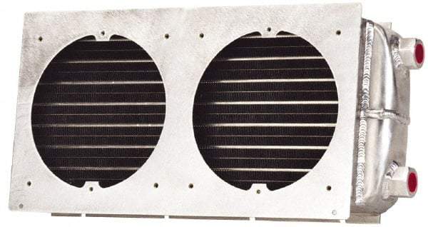 Lytron - 3/8-18 FNPT, 2 Fan Mount, Liquid-To-Air Aluminum Brazed Process Equipment Heat Exchanger - Oil Cooler, Ethylene Glycol/Water Mixture Cooler, 8.4" High x 18" Wide x 3.1" Deep, 5,025 BTU/Hr, 400°F Max - Caliber Tooling