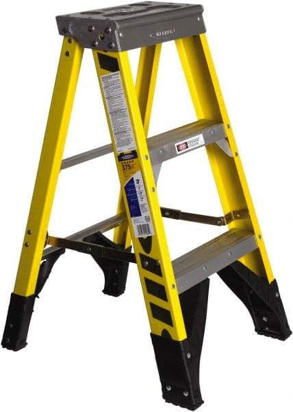 Werner - 2 Steps, 3' High, Type IAA Rating, Fiberglass Step Ladder - 375 Lb Capacity, 19-3/4" Base Width - Caliber Tooling