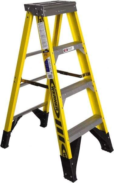 Werner - 3 Steps, 4' High, Type IAA Rating, Fiberglass Step Ladder - 375 Lb Capacity, 21-1/2" Base Width - Caliber Tooling