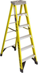 Werner - 5 Steps, 6' High, Type IAA Rating, Fiberglass Step Ladder - 375 Lb Capacity, 25" Base Width - Caliber Tooling