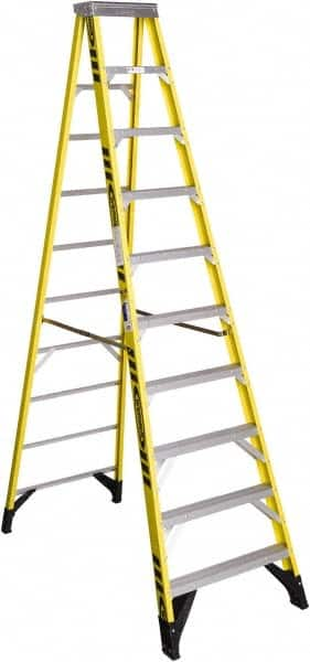 Werner - 9 Steps, 10' High, Type IAA Rating, Fiberglass Step Ladder - 375 Lb Capacity, 32" Base Width - Caliber Tooling