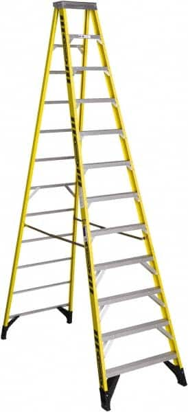 Werner - 11 Steps, 12' High, Type IAA Rating, Fiberglass Step Ladder - 375 Lb Capacity, 35-1/2" Base Width - Caliber Tooling