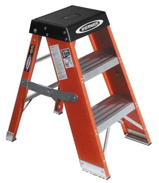 Werner - 2 Steps, 3' High, Type IAA Rating, Fiberglass Step Stand - 375 Lb Capacity, 18-3/4" Base Width - Caliber Tooling