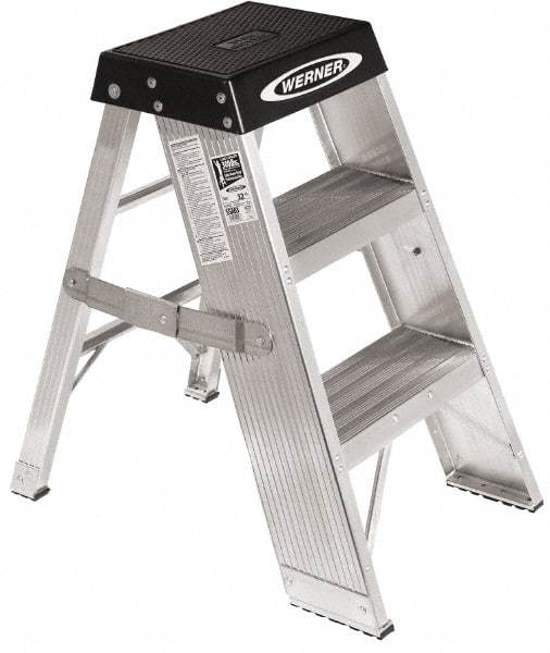 Werner - 2 Steps, 3' High, Type IA Rating, Aluminum Step Stand - 300 Lb Capacity, 18-3/4" Base Width - Caliber Tooling