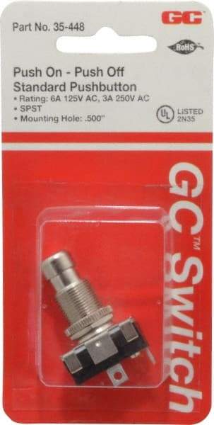 GC/Waldom - 1/2 Inch Mount Hole, Miniature Pushbutton Switch Only - Round, Chrome Pushbutton, Nonilluminated, Maintained (MA), On-Off - Caliber Tooling