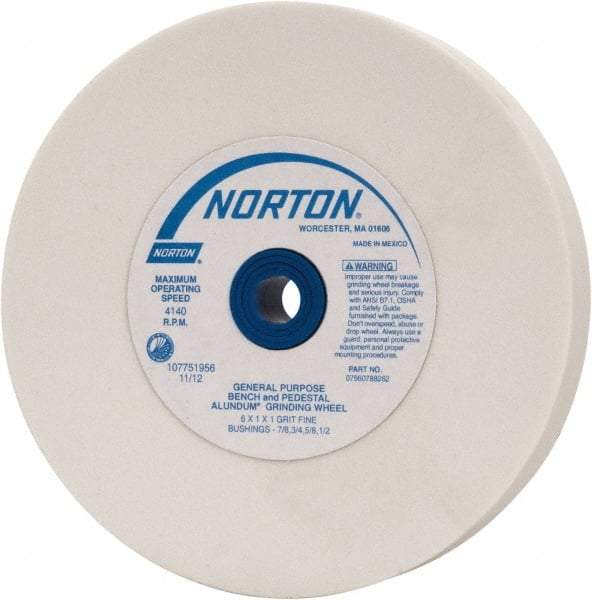 Norton - 100 Grit Aluminum Oxide Bench & Pedestal Grinding Wheel - 6" Diam x 1" Hole x 1" Thick, 4140 Max RPM, J Hardness, Fine Grade , Vitrified Bond - Caliber Tooling