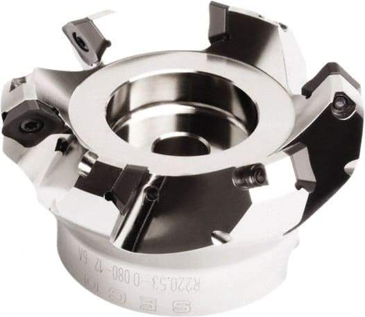 Seco - 3.78" Cut Diam, 1" Arbor Hole, 0.295" Max Depth of Cut, 45° Indexable Chamfer & Angle Face Mill - 6 Inserts, SE.. 1505 Insert, Right Hand Cut, 6 Flutes, Through Coolant, Series QuattroMill - Caliber Tooling