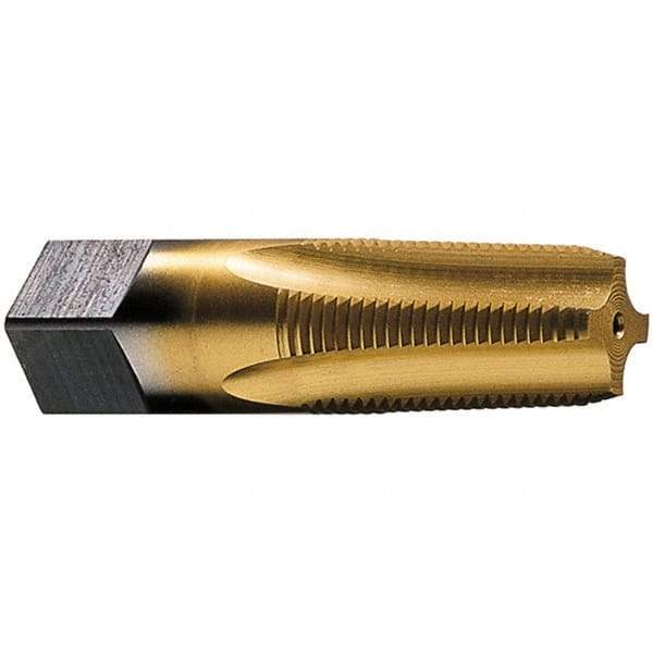 Vermont Tap & Die - 1/2-14 NPT Thread, 4 Flute Standard Pipe Tap - 3-1/8" OAL, 1-3/8" Thread Length, 11/16" Shank Diam, TiN Finish, High Speed Steel - Exact Industrial Supply