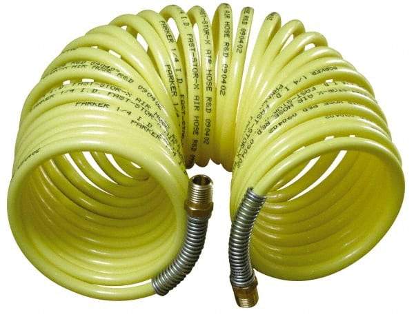 Parker - 3/8" ID, 3/8 Thread, 25' Long, Yellow Nylon Coiled & Self Storing Hose - 225 Max psi, Male Rigid x Male Swivel - Caliber Tooling