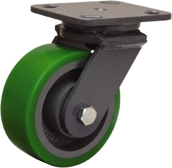 Hamilton - 5" Diam x 2" Wide x 6-1/2" OAH Top Plate Mount Swivel Caster - Polyurethane Mold onto Cast Iron Center, 1,050 Lb Capacity, Sealed Precision Ball Bearing, 4 x 5" Plate - Caliber Tooling